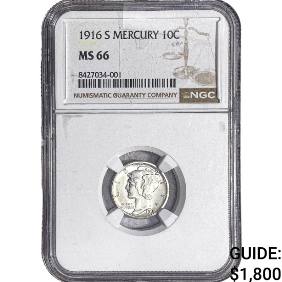 1916-S Mercury Silver Dime NGC MS66