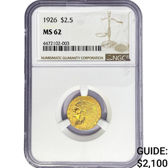 1926 $2.50 Gold Quarter Eagle NGC MS62