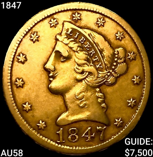 1847 $5 Gold Half Eagle CHOICE AU