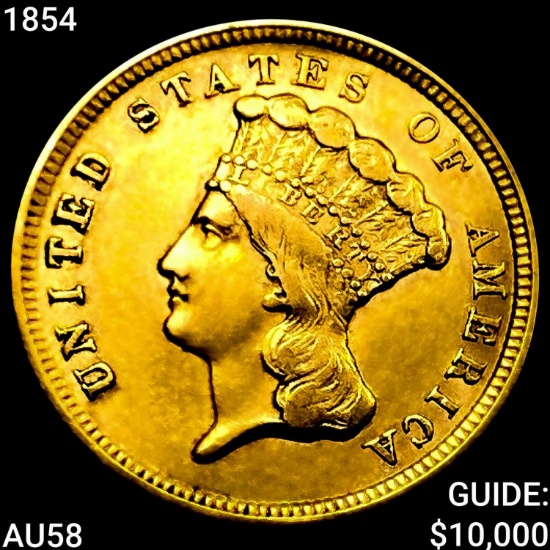 1854 $3 Gold Piece CHOICE AU