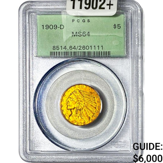 1909-D $5 Gold Half Eagle PCGS MS64