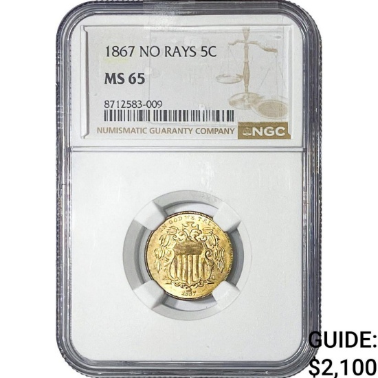 1867 Shield Nickel NGC MS65 No Rays
