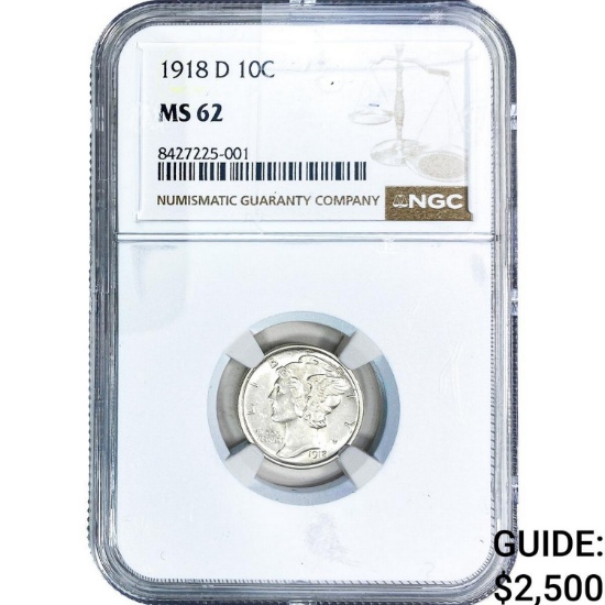 1918-D Mercury Silver Dime NGC MS62 PL