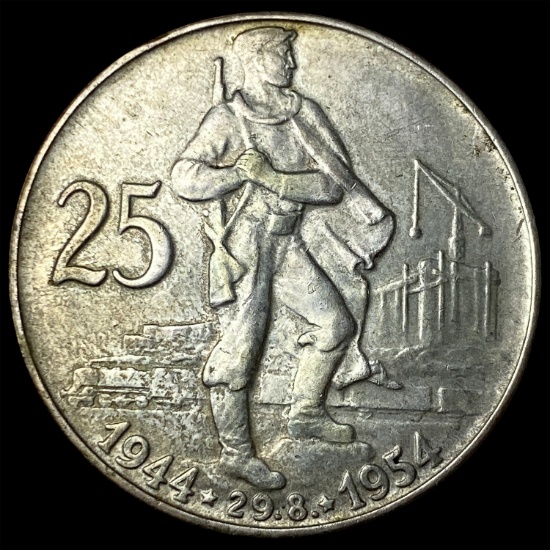 1954 Czechoslovakia Silver 25 Korun CLOSELY UNCIRCULATED