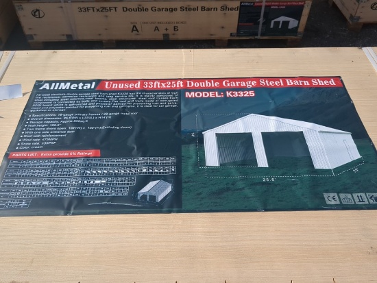 All metal  33' x 25' Double Garage