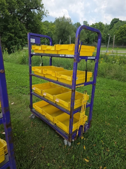 Heavy Duty Cart w/ 4 Shelves & 12 Plastic Bins - One Bent Shelf Cylinder