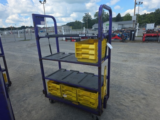 Heavy Duty Cart w/ 4 Shelves & 12 Plastic Bins - Bent Shelf Cylinder