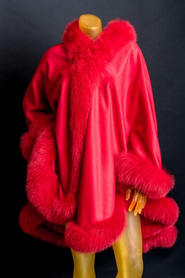 RED CASHMERE CAPE WITH RED DYED FOX TRIM FROM EDWARDS-LOWELL