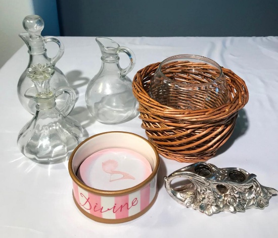 Olive oil Bottles, Candle's Holder, Dish, & Wicker Basket