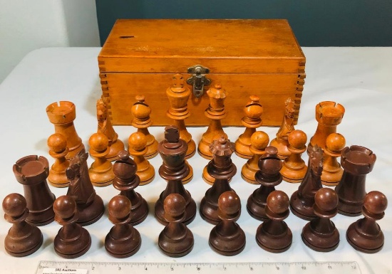 Vintage Wood Chess Set With Wood Box
