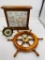 Wood Clock, Barometer, & Boat Wheel