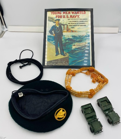 Misc. Military Dress Items. 2x Shoulder cord / Garment Ribbons and Green Felt Beret size 7 3/4