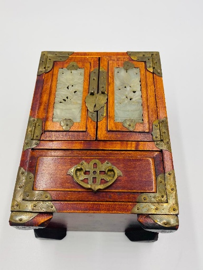 Vintage Asian Chinese Wooden Jewelry Box ChestCarved Panel Deco