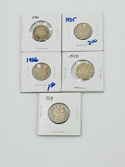 5 Buffalo Nickels 1920-1929