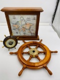 Wood Clock, Barometer, & Boat Wheel