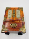 Vintage Asian Chinese Wooden Jewelry Box ChestCarved Panel Deco