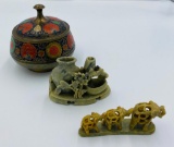 Chinese Soap Stone Carvings & Brass Enameled Paint Candy Dish
