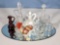 Oval Mirror Display of 7 Cruets, Fenton Bear & Mirror Tile Rooster