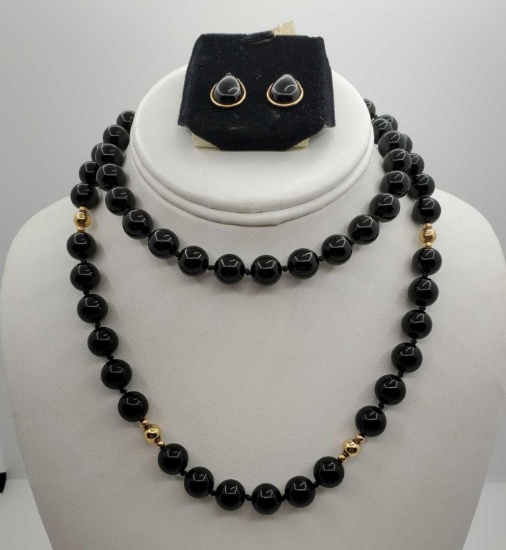 Black Onxy Beaded Necklace & Earrings Set in 14k Gold