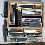 Case Lot of 15 Hunting, Sheath and Other Knives with Scabbards, most with Boxes