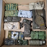 Tray Lot of 14 Die Cast, Plastic and Built Out Replica Model Military Tank and other Vehicles