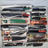 Box Lot of 15 Hunting, Sheath and other Knives with Scabbards, Most with Boxes