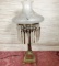 Antique Brass Base Lamp w/ Crystal Prisms and Frosted Shade
