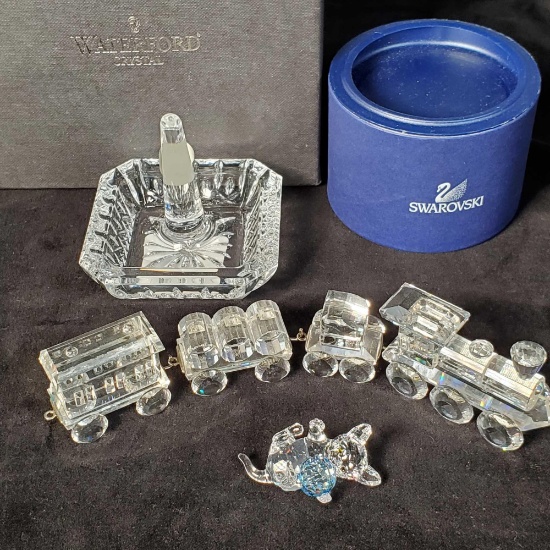 Swarovski Crystal 4 Pc Train Set, Kitten with Ball and Waterford Ring Holder