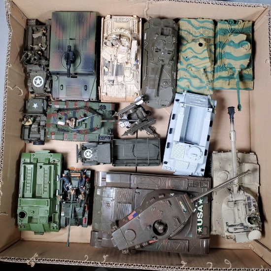 Tray Lot of 14 Die Cast, Plastic and Built Out Replica Model Military Tank and other Vehicles