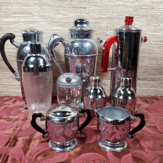 7 Collectible Cocktail Shakers & Art Deco Sugar & Creamer