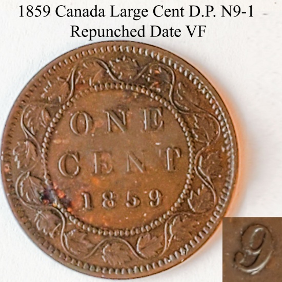 1859 Canada Large Cent D.P. N9-1/N9-4 Repunched Date VF