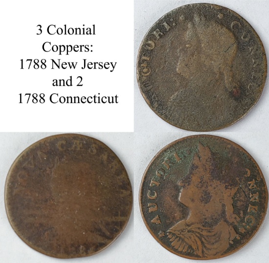 1788 New Jersey and 2 1787 Connecticut Colonial Copper Large Cents