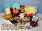 Shelf Full of Mid Century Serving Ware, Beaded Fruit, Pottery and More.