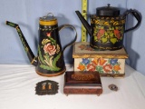 5 Pieces of Hand Painted and Decorator Accent Pitcher, Boxes and Mirror