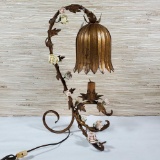 Vintage Italian Gold Leaf Metal Table Lamp With Porcelain roses