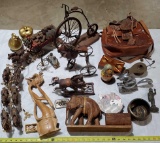 Case Lot of Cast iron, wood and metal horse vehicles, leather saddle purse and more