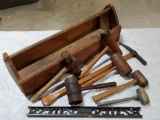 Antique Wood tool carrier with 7 Antique Mallets, Pick Hammer and Level