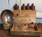Vintage Ammo Box of Torches, Kerosene Bottle Dispensers and Propane Shop Heater