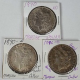 3 Higher Grade Silver Morgan Dollars - 1890, 1890-S & 1896-O