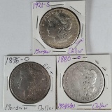 3 Morgan Silver Dollars - 1880-O, 1896-O, & 1921-S