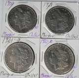 4 Morgan Silver Dollars - 1900, 1921 P, D and S,