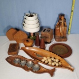 Tray Lot of Mid Century Hand Carved Wood, Metal Accents and Other Decorator Items