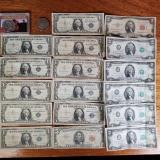 Tray of Morgan Silver Dollars, $1 Silver Certificates, $2 & $5 Bills