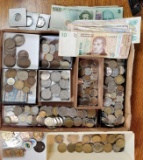 Tray Lot full of Foreign Coins and Currency