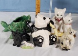 6 Pottery and Porcelain Animal figurines, Tea Pot, Salt and Pepper