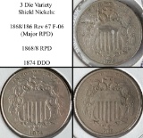 3 Shield Nickel Die Varieties - 1868/186 Rev 67 Major RPD F-06, 1868/8 RPD and 1874 DDO