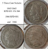 3 Three Cent Nickel Die Varieties - 1865/1865 RPD-003 FS 304, 1866 RPD-001 and 1866 VG Det