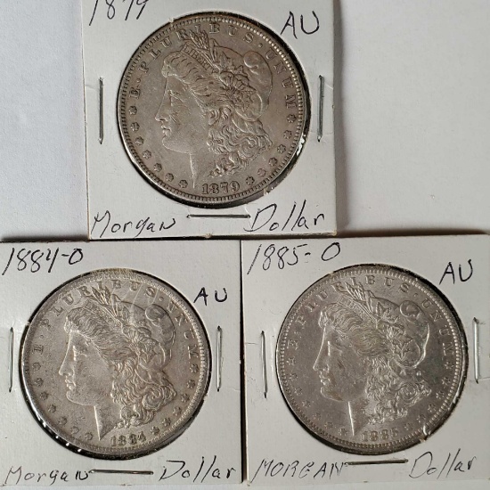 3 AU Morgan Silver Dollars - 1879, 1884-O, 1885-O