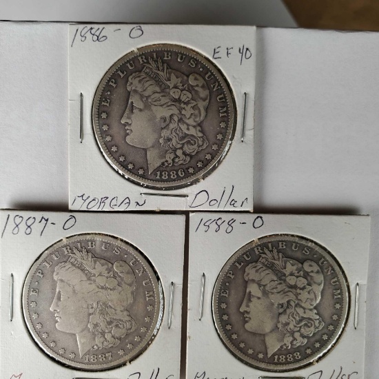 3 US Silver New Orleans Mint Morgan Dollars - 1886-O, 1887-O and 1888-O