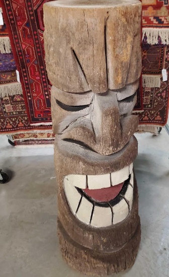 14" X 47" Carved Palm Tree Tiki God Statue